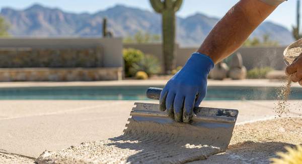 Cool deck installation specialist applying acrylic lace overlay to pool deck in Tucson