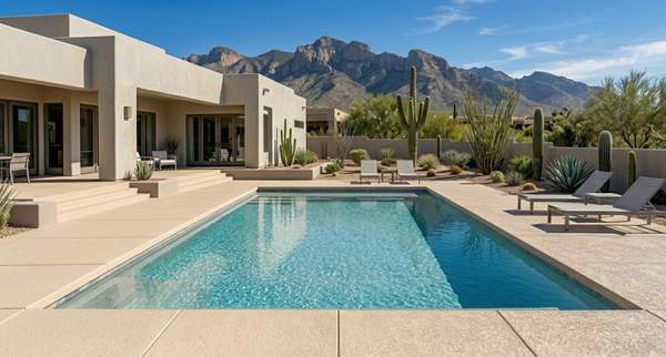 Modern rectangular pool with fresh cool deck coating and desert landscaping in Tucson