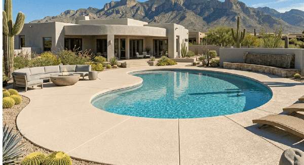 Beautiful cool deck pool installation in Tucson, Arizona with Catalina Mountain views
